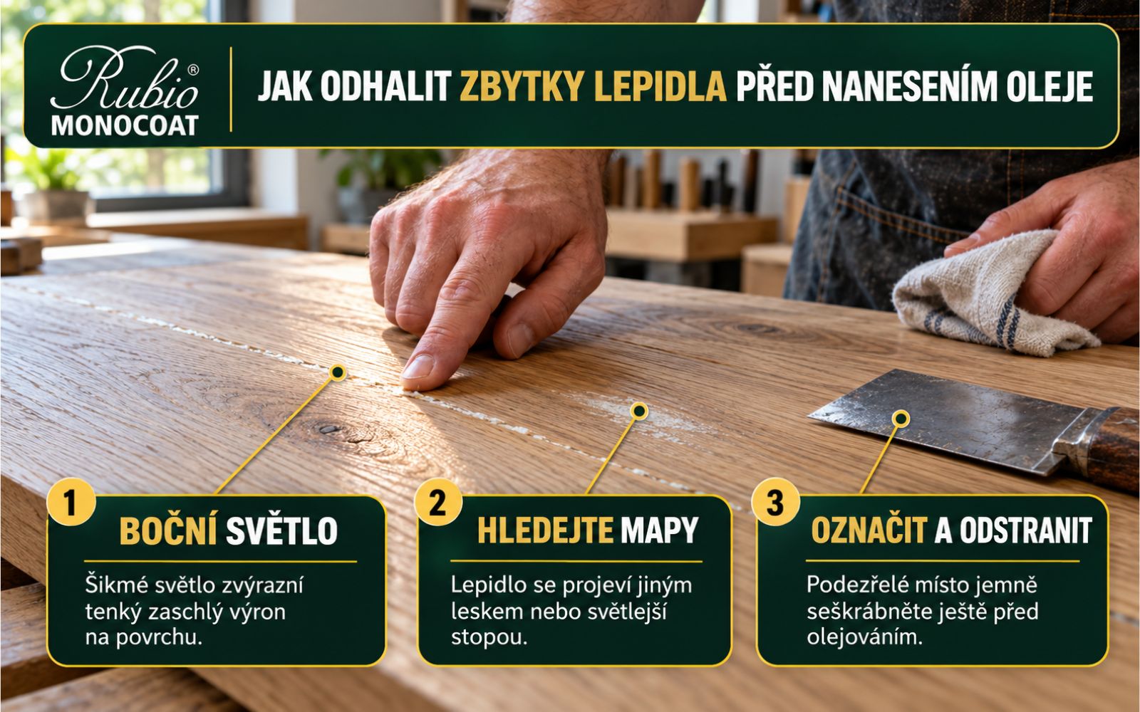 Jak odhalit zbytky lepidla před nanesením oleje